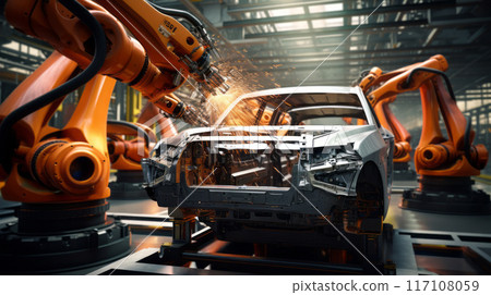 Mass production assembly line of modern cars. Industrial of automatic robot arm car assembly production. 117108059