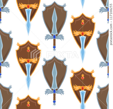 Vector seamless pattern with cartoon swords and shields in a row on a white background. Military medieval texture. Knight background 117108255