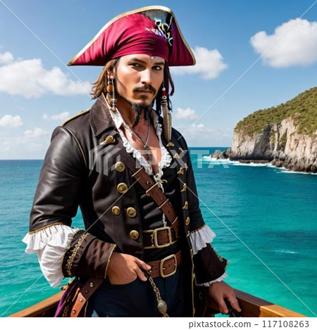 Illustration of a cool pirate standing on a ship floating on the sea Illustration of a cool pirate standing on a ship floating on the sea 117108263