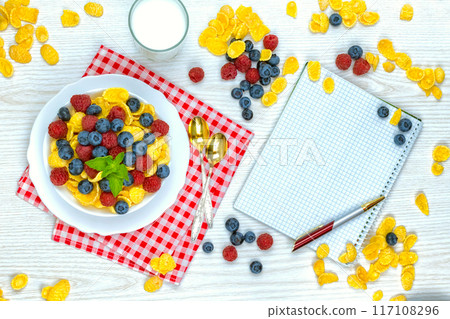 breakfast of cornflakes and berries breakfast of cornflakes and berries 117108296