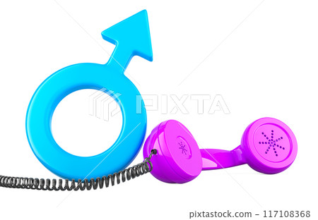 Dating by phone, concept. Male gender symbol with pink handset phone. 3D rendering Dating by phone, concept. Male gender symbol with pink handset phone. 3D rendering 117108368