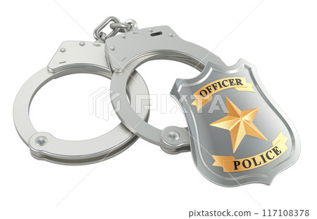 Officer Police Badge with handcuffs, Detention and arrest, concept. 3D rendering 117108378