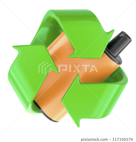 Recycling Disposable Vapes, concept. Recycling symbol with disposable vape, 3D rendering 117108379