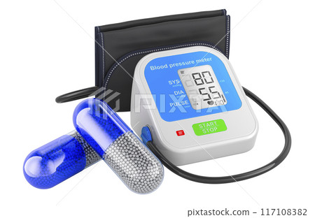 Treatment of hypotension, arterial low blood pressure. Electronic Blood Pressure Monitor with medicament capsules. 3D rendering 117108382