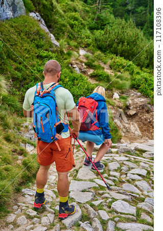 Back view of two hikers with backpacks and trekking poles descending rocky mountain trail. Mountain hiking concept. Active recreation in nature Back view of two hikers with backpacks and trekking poles descending rocky mountain trail. Mountain hiking concept. Active recreation in nature 117108396