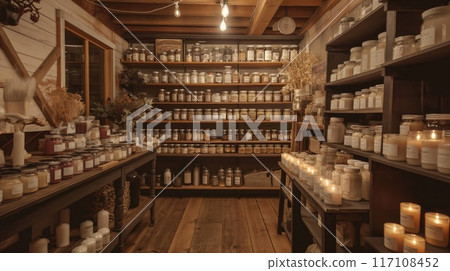 Warmly lit candle shop showcasing various candles on wooden shelves, exuding a rustic and inviting atmosphere Warmly lit candle shop showcasing various candles on wooden shelves, exuding a rustic and inviting atmosphere 117108452