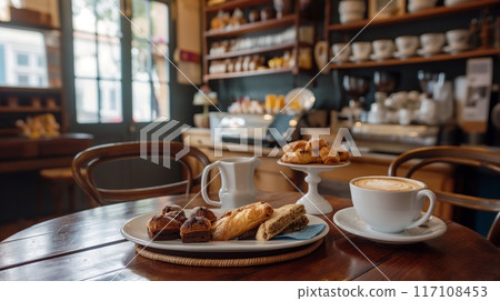 Warm and inviting neighborhood cafe with freshly brewed coffee and an assortment of baked goods on a wooden table Warm and inviting neighborhood cafe with freshly brewed coffee and an assortment of baked goods on a wooden table 117108453