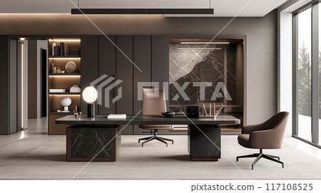 Elegant home office featuring sleek furniture with a luxurious and clean design aesthetic 117108525