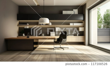 Sleek and stylish minimalist home office setup with a spacious desk, comfortable chair, and organized shelves 117108526
