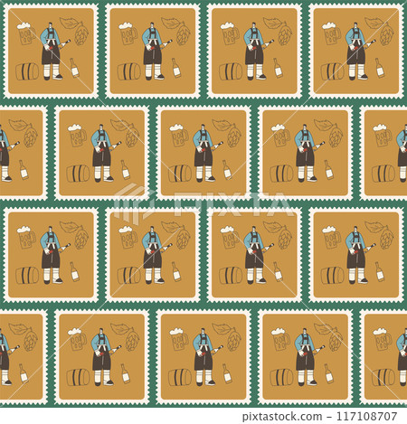 Oktoberfest checked seamless pattern. Character in traditional costume bento box repeat background. Beer festival retro stamps endless design. Vector hand drawn illustration. Oktoberfest checked seamless pattern. Character in traditional costume bento box repeat background. Beer festival retro stamps endless design. Vector hand drawn illustration. 117108707