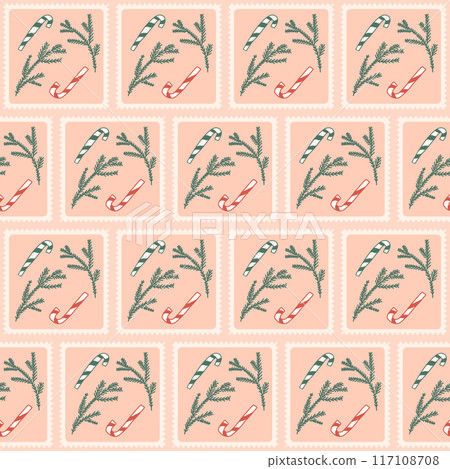 Christmas patchwork seamless pattern. Pine branches and candy cane bento box repeat background. Quilt retro post stamps with winter festive elements endless design. Vector hand drawn illustration. Christmas patchwork seamless pattern. Pine branches and candy cane bento box repeat background. Quilt retro post stamps with winter festive elements endless design. Vector hand drawn illustration. 117108708
