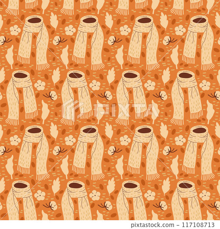 Scarf seamless pattern. Autumn cozy accessories endless background. Seasonal repeat cover. Fall continuous ornament. Vector hand drawn flat illustration. 117108713