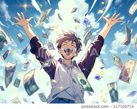 A young man rejoicing as paper money falls from the blue sky A young man rejoicing as paper money falls from the blue sky 117108714