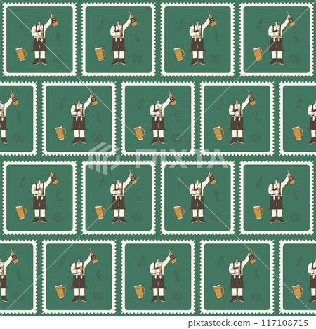 Oktoberfest checked seamless pattern. Male character in traditional festival clothes bento box repeat background. Vector hand drawn illustration. 117108715