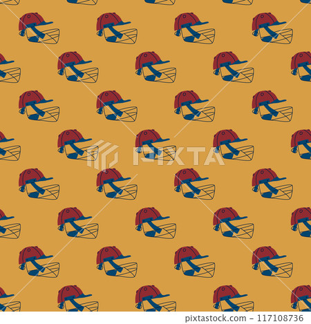 Cricket helmet seamless pattern. Head protect endless background. repeat cover. Sport game equipment continuous ornament. Vector hand drawn illustration. 117108736