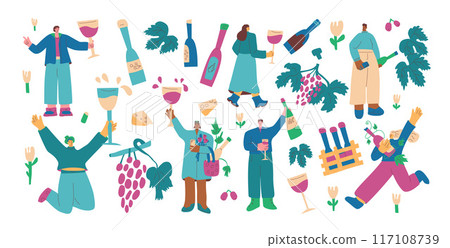 Wine tasting event clipart. Set of wine lovers. Cute characters with with wineglass. Vector hand drawn flat collection illustration isolated on white background. 117108739