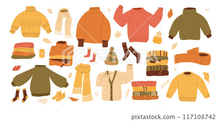 Autumnal sweaters, scarves, socks, and warm accessories set. Fall cozy clothes kit. Hugge and staycation concept. Vector hand drawn collection illustration isolated on white background. Autumnal sweaters, scarves, socks, and warm accessories set. Fall cozy clothes kit. Hugge and staycation concept. Vector hand drawn collection illustration isolated on white background. 117108742