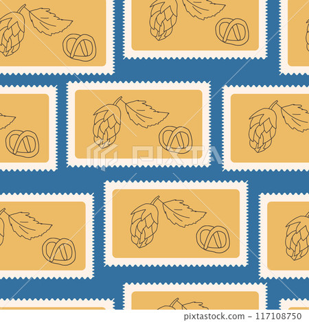 Hop cones post stamp seamless pattern. Bentobox repeat background. Vector illustration. 117108750