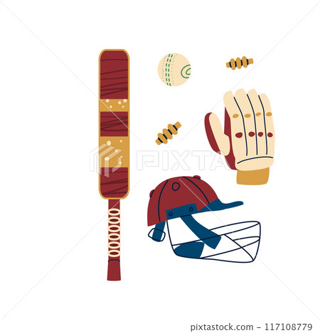 Cricket set. Sport equipment. Bat, ball and helmets. Vector hand drawn flat collection illustration isolated on white background. 117108779