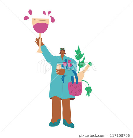Wine lover. Woman with wineglass and bag with bottle. Cute character with alcohol beverage. Vector hand drawn flat illustration isolated on white background. Wine lover. Woman with wineglass and bag with bottle. Cute character with alcohol beverage. Vector hand drawn flat illustration isolated on white background. 117108796