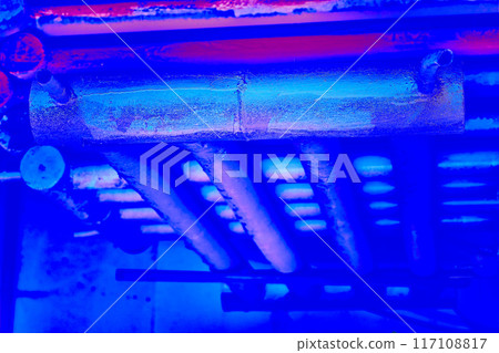 Vintage grunge metal blue heating battery old pipe section 117108817