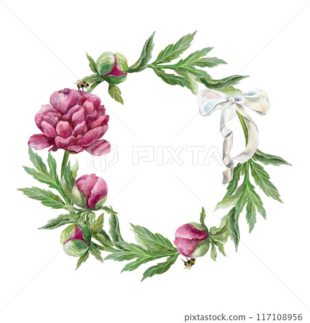 Peonies wreath. Burgundy flowers, leaves, white bow. Hand drawn botanical watercolor illustration isolated on white background. For birthday cards, wedding invitations, posters, labels, covers. Peonies wreath. Burgundy flowers, leaves, white bow. Hand drawn botanical watercolor illustration isolated on white background. For birthday cards, wedding invitations, posters, labels, covers. 117108956