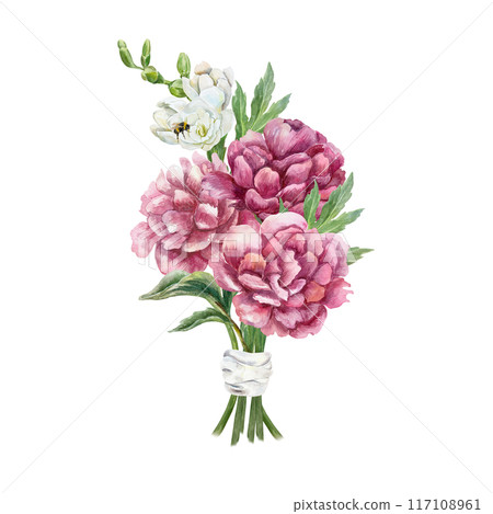 Peonies bouquet with white freesias. Burgundy flowers with green leaves. Hand drawn watercolor illustration isolated on white. For greeting cards, wedding invitations, covers, labels, posters. Peonies bouquet with white freesias. Burgundy flowers with green leaves. Hand drawn watercolor illustration isolated on white. For greeting cards, wedding invitations, covers, labels, posters. 117108961