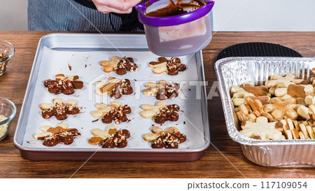 Crafting star-shaped holiday cookies dipped in chocolate and sprinkled with variety of toppings. 117109054