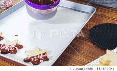 Crafting star-shaped holiday cookies dipped in chocolate and sprinkled with variety of toppings. 117109063