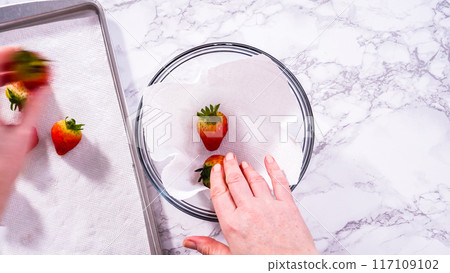 Flat lay. Strawberries, freshly washed and dried, are neatly stored in a glass bowl lined with a paper towel and securely covered with plastic wrap to maintain freshness. Flat lay. Strawberries, freshly washed and dried, are neatly stored in a glass bowl lined with a paper towel and securely covered with plastic wrap to maintain freshness. 117109102