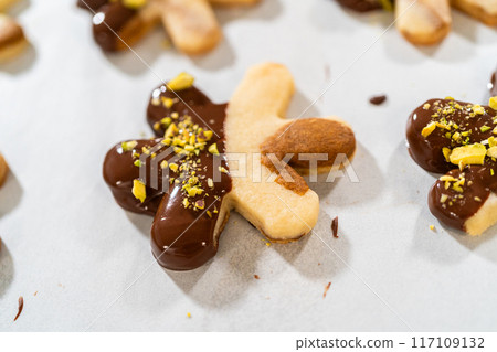 Crafting star-shaped holiday cookies dipped in chocolate and sprinkled with crushed pistachios, arranged on parchment paper. Crafting star-shaped holiday cookies dipped in chocolate and sprinkled with crushed pistachios, arranged on parchment paper. 117109132