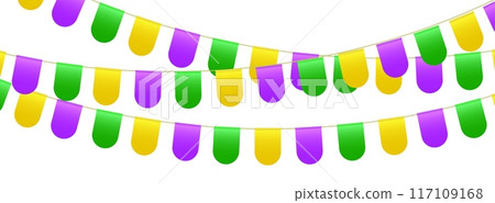 Bunting flags, carnival party flags, Mardi Gras festive pennants hanging on a rope. Bunting flags, carnival party flags, Mardi Gras festive pennants hanging on a rope. 117109168