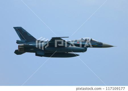 Japan Air Self-Defense Force F-2 fighter jet flying horizontally 117109177