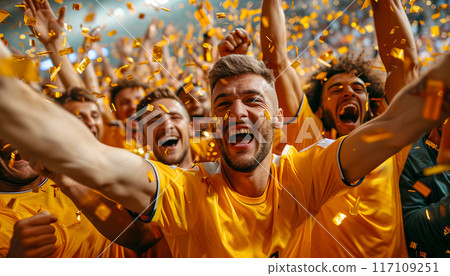 Group of soccer players celebrating with confetti in the air and confetti in the air. AI 117109251