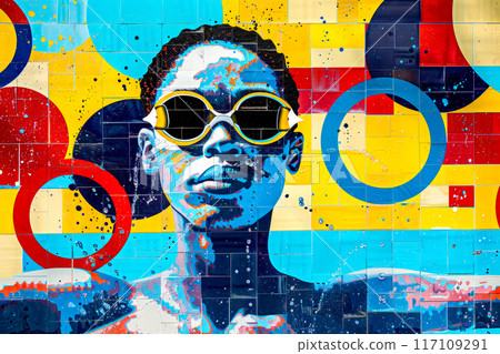 Painting of man with sunglasses on his face and background of circles. AI 117109291