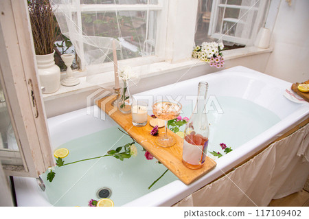 Elegant bathroom with stylish interior design, modern bath Elegant bathroom with stylish interior design, modern bath 117109402