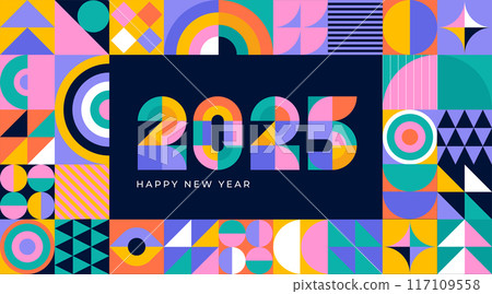 Happy New Year 2025. Geometrical modern style design, concept illustration, banner, poster and Happy New Year 2025. Geometrical modern style design, concept illustration, banner, poster and 117109558