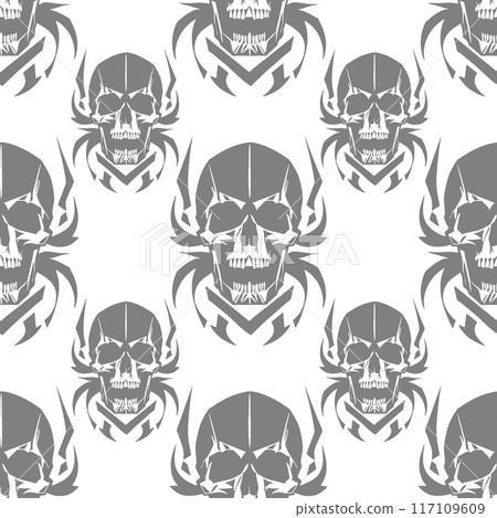 seamless symmetrical pattern of gray human skulls on a white background, texture, design 117109609