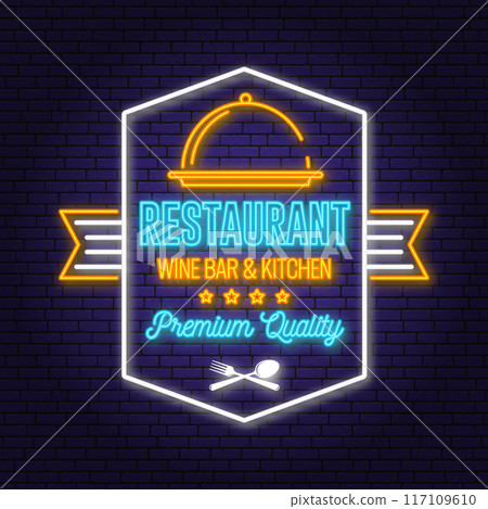 Royal Restaurant shop, menu logo. Vector. Neon glowing sign with cloche with lid, fork and knife. Cooking, cuisine logo for menu restaurant or cafe. Royal Restaurant shop, menu logo. Vector. Neon glowing sign with cloche with lid, fork and knife. Cooking, cuisine logo for menu restaurant or cafe. 117109610