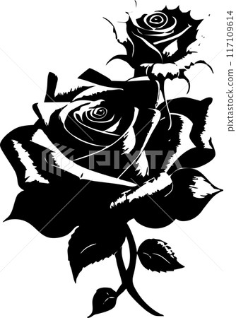 black graphic drawing of a rose flower with leaves, monochrome, decorative element black graphic drawing of a rose flower with leaves, monochrome, decorative element 117109614