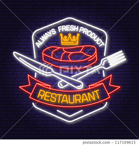 Royal Restaurant shop, menu logo. Vector. Neon glowing sign with steak, fork and knife. Cooking, cuisine logo for menu restaurant or cafe. Royal Restaurant shop, menu logo. Vector. Neon glowing sign with steak, fork and knife. Cooking, cuisine logo for menu restaurant or cafe. 117109615