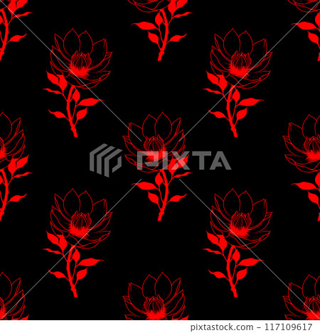 seamless symmetrical pattern of red graphic magnolia flowers on a black background, texture, design seamless symmetrical pattern of red graphic magnolia flowers on a black background, texture, design 117109617