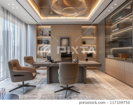 Elegant home office setup featuring sleek furniture and warm tones, ideal for illustrating modern workspace concepts 117109750