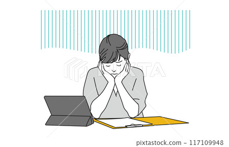 A simple illustration of a female employee feeling down in front of a computer 117109948