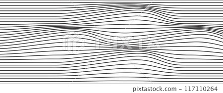 Black undulated lines on white background. Winding stripes pattern. Water ripples print. Sea, ocean, mountain or hills waving relief linear design. Vector graphic illustration 117110264