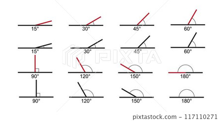 Set of angle degree icons. Different protractor values isolated on white background. Geometric measurements. Mathematics symbols. Vector graphic illustration. Set of angle degree icons. Different protractor values isolated on white background. Geometric measurements. Mathematics symbols. Vector graphic illustration. 117110271