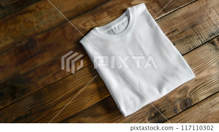 White T-Shirt Template on Wooden Table, Designer Mockup, AI Created 117110302
