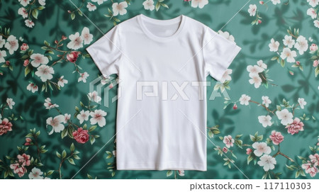White T-Shirt Template on Green Floral Table, Designer Resource, AI Created 117110303