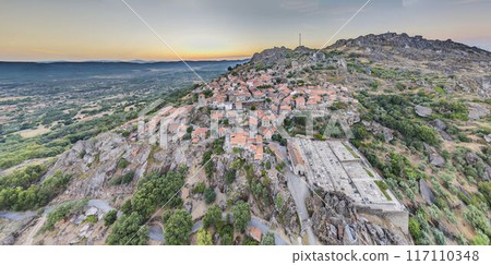 Drone panorama of historic city and fortification Monsanto in Portugal in the morning during sunrise 117110348