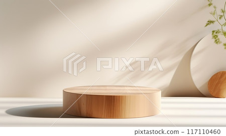 A round driftwood podium, a pedestal for an object, against a neutral natural background. Photo 117110460